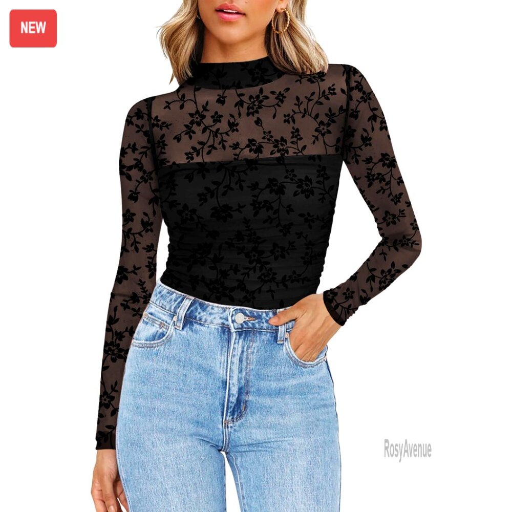Mesh Long Sleeve Mock Turtleneck Blouse Sheer Ruched Casual Going Out Top